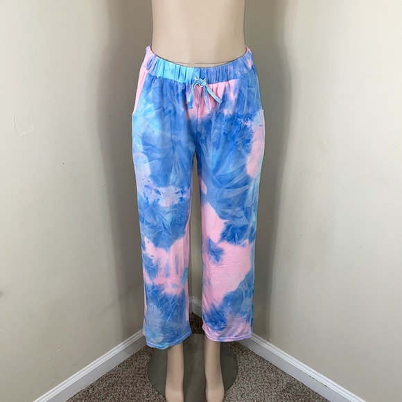 Pink & Blue Tye Dye Butter Soft Drawstring Lounge Sweatpants Pajama Comfy - Picture 1 of 13